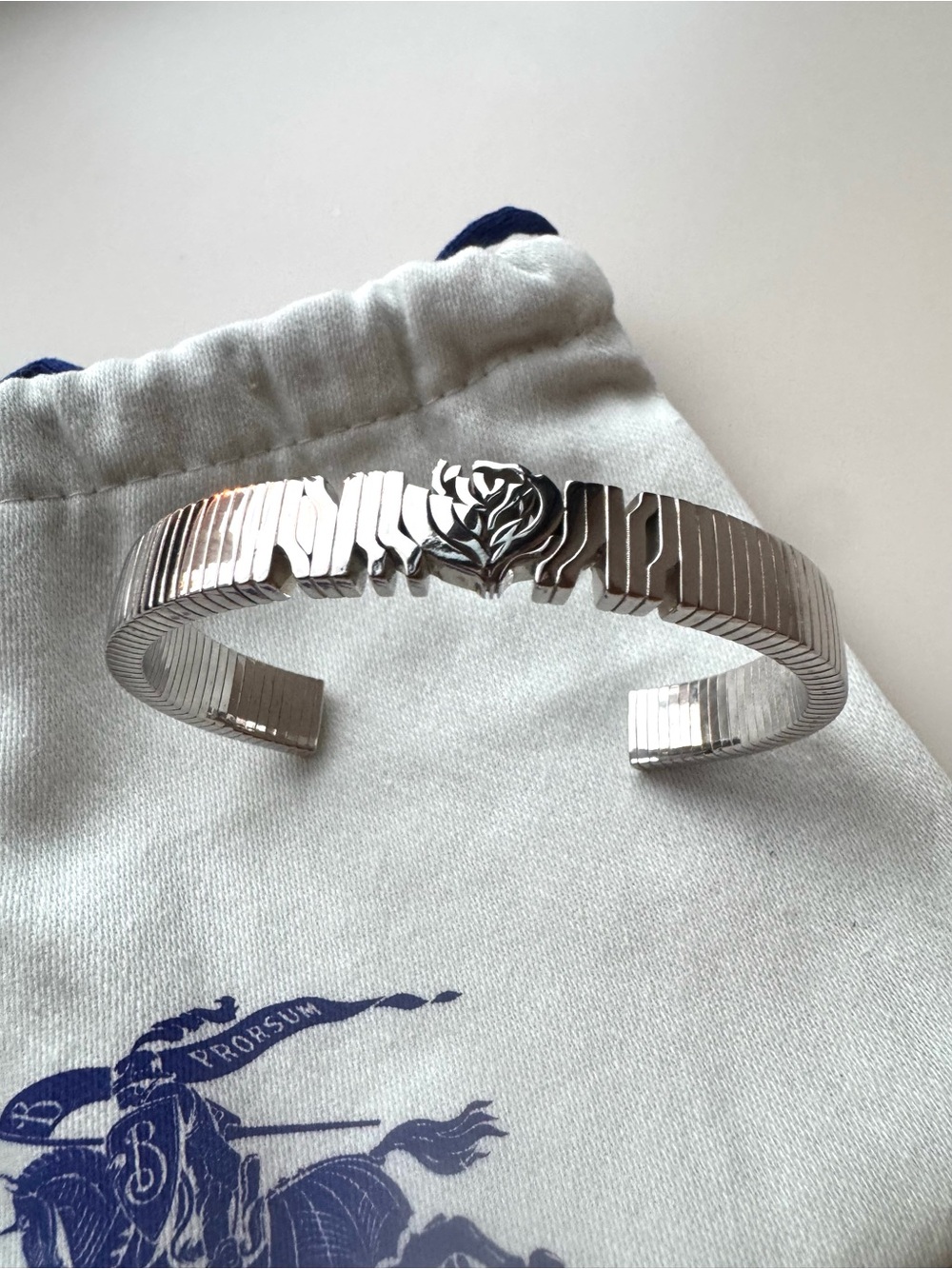 BURBERRY NWT Sterling Silver Rose Monogram Cuff Bracelet M Unisex - Picture 8 of 10